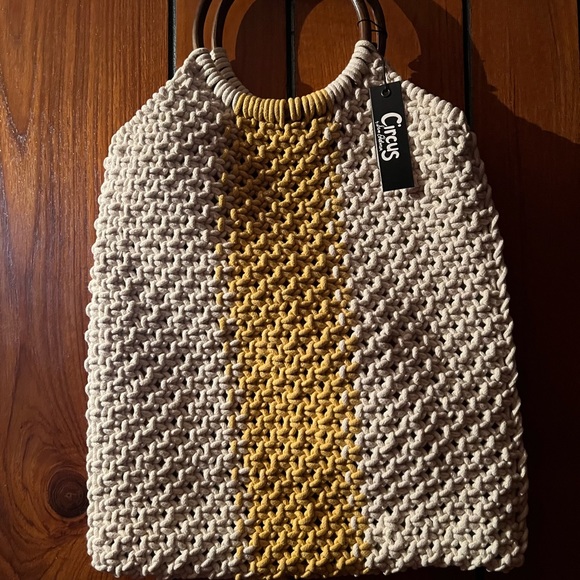 Sam Edelman - Circus, Bone, thick rope crochet tote with yellow stripe. - Picture 3 of 4